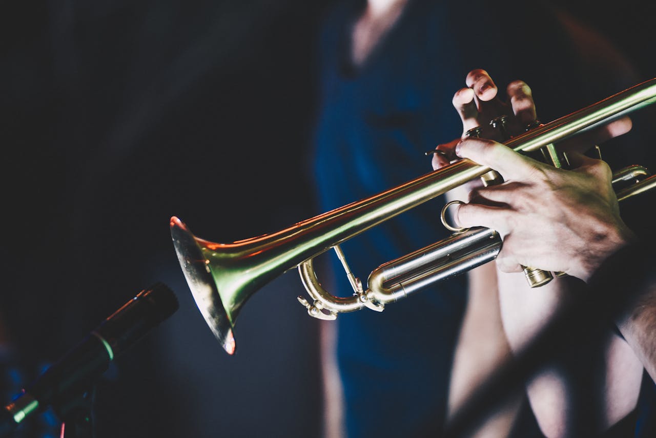 services-01 Close-up shot of a musician playing the trumpet during a live performance, highlighting musical passion.